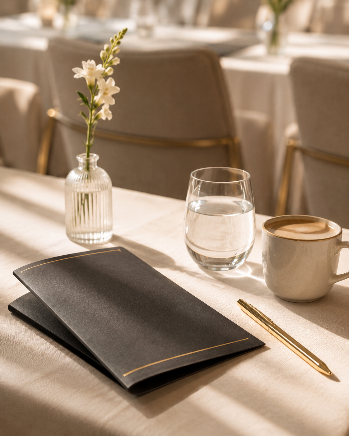 Place setting with agenda card, notes and coffee