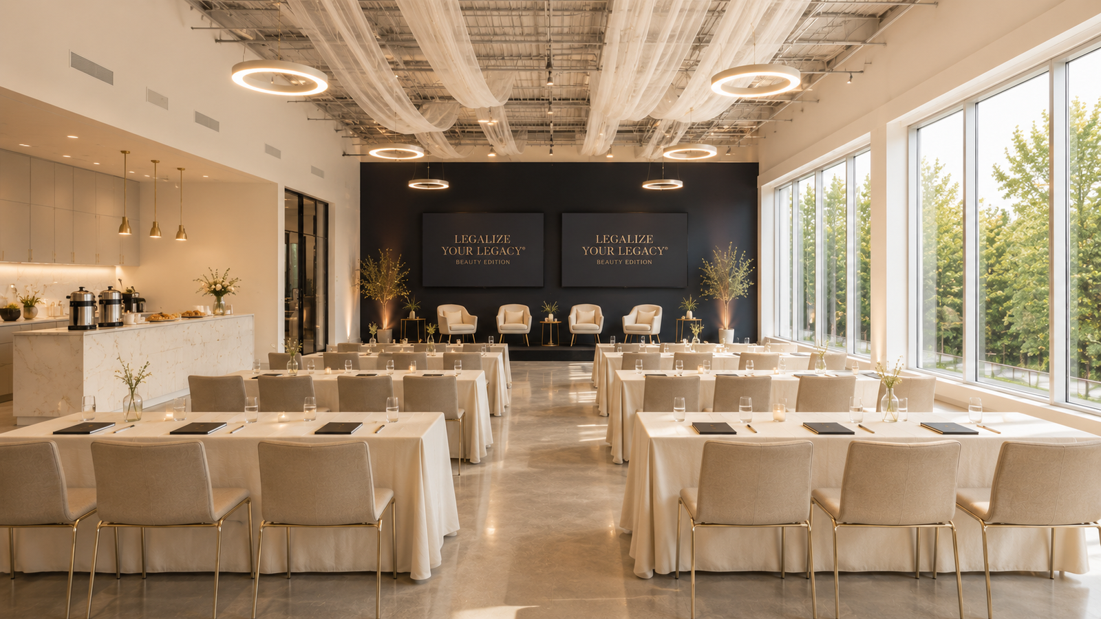 Legalize Your Legacy Beauty Edition event space — cream and gold, florals, coffee bar